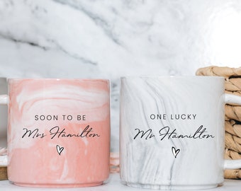 Personalised Engagement Gift, His & Hers Printed Mugs, Soon to be Mrs, One Lucky Mr, Marble Mugs, Bride To Be Mug, Set or Individual Mug