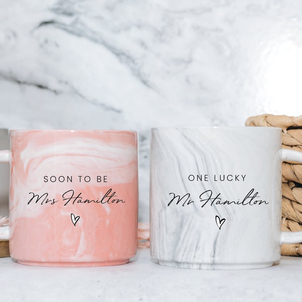 Personalised Engagement Gift, His & Hers Printed Mugs, Soon to be Mrs, One Lucky Mr, Marble Mugs, Bride To Be Mug, Set or Individual Mug
