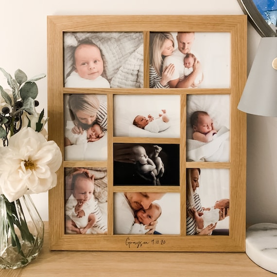 Marco múltiple de madera grabada, marco de fotos de apertura personalizado,  marcos de fotos de roble macizo, nuevo bebé, marco familiar, marco de 9  fotos, ideas de regalos -  España