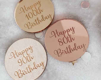Happy Birthday Mirror Cake Charm, Milestone Birthday Gift Tags 16th, 40th, 80th, 100th Engraved Charms, Cupcake Toppers, Luxury Present Tag