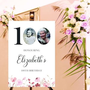 100th Birthday Photo Welcome Sign – Personalised Party Sign – Printed Poster or Foam Board Keepsake