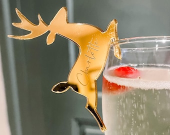 Reindeer Drink Charm | Mirror Acrylic Festive Marker, Personalised 76X60Mm | Xmas Table Settings