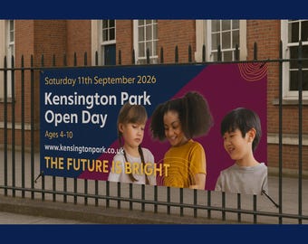 May include: A rectangular banner for Kensington Park Open Day on Saturday 11th September 2026, featuring three children and the text: Kensington Park Open Day, Ages 4-10, www.kensingtonpark.co.uk, and THE FUTURE IS BRIGHT in yellow and white.