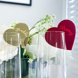 Engagement, wedding, anniversary personalised drinks charms, engraved heart cocktail charms, party place names, tag, wine, glass markers