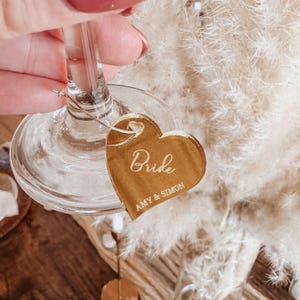 Heart engraved wedding drinks charms, personalised cocktail charms, place names, engagement, party, birthday, anniversary, glass markers