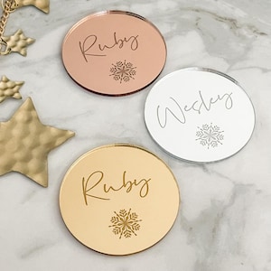 Christmas Party Place Names, Christmas Dinner Table Place Settings, Luxury Table Décor, Personalised Mirror Festive Place Cards, Works Party