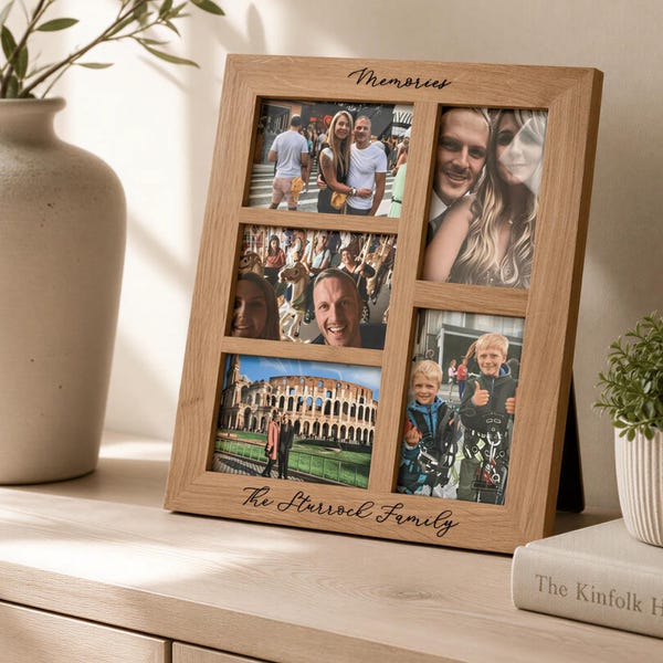 Multi Photo Frame, Solid Oak Family Wall Display | Laser Engraved | Five 6X4