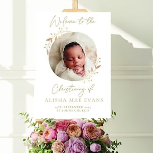 Christening photo personalised welcome sign, baptism printable custom sign, digital download, poster, foam board, naming ceremony sign