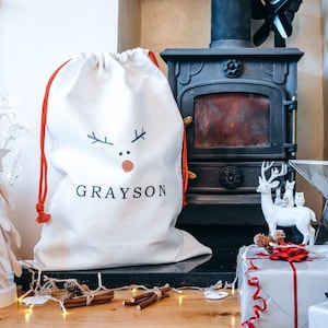 Children&#39;s Rudolph Personalised Santa Sack, Luxury Christmas Stocking, Quality Named Stockings, Christmas Eve Box, First Christmas Gift