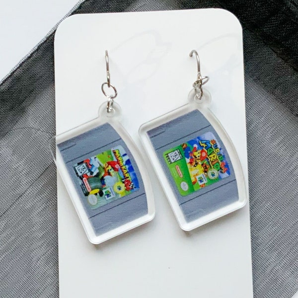 Mismatched Game Cartridge Acrylic Drop Earrings - Titanium Ear Wire - Hypoallergenic - Nickel Free - Video Game - Retro - Nostalgic