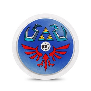 May include: A blue and white round sticker with a red and white stylized bird design and a geometric pattern in the center. The sticker is for a fitness tracker.