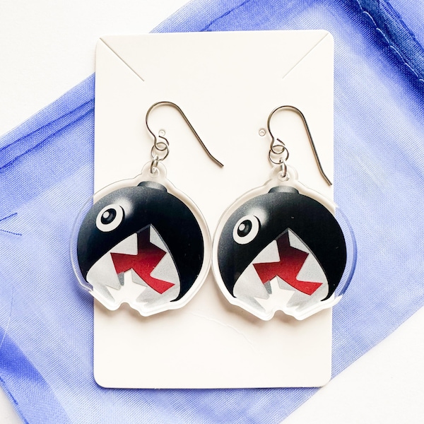 Chain Chomp Acrylic Drop Earrings - Titanium Ear Wire - Hypoallergenic - Nickel Free - Video Game - Gamer