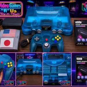 May include: A translucent blue Nintendo 64 game console with a matching controller, a power supply, a game cartridge featuring American and Japanese flags, and a Bitfunx HDMI adapter in its original box, displayed with multiple detailed views.