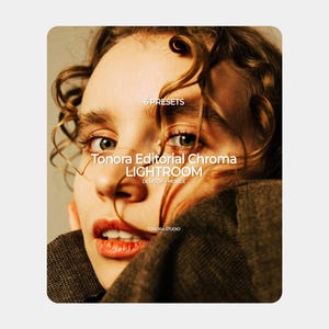 May include: A close-up image features a person with curly hair and red lips. The text "6 PRESETS" is at the top, with "Tonora Editorial Chroma LIGHTROOM DESKTOP + MOBILE" below. The words "TONORA STUDIO" are at the bottom.