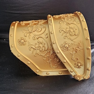 Puede incluir: Dos paneles decorativos dorados y ornamentados con diseños florales y de volutas. Los paneles tienen forma curva y están bordeados con pequeños remaches espaciados. La estética general sugiere un estilo vintage o antiguo.