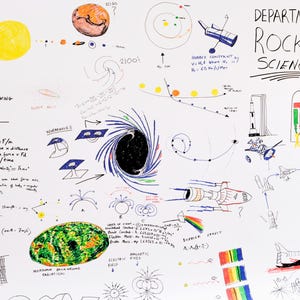 Könnte beinhalten: Weißer Hintergrund mit handschriftlichen Notizen und Illustrationen zu Weltraum, Physik und Raketenwissenschaft. Der Text enthält Namen wie Kopernikus, Newton und Hubble sowie Formeln und Diagramme von Planeten und Raketen.