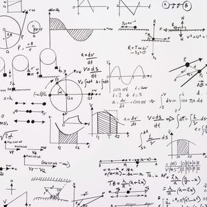 Puede incluir: Un fondo blanco está cubierto de ecuaciones matemáticas, gráficos y diagramas escritos a mano en negro. Círculos, líneas y símbolos ilustran conceptos de física y cálculo. La imagen tiene un tema científico o educativo.