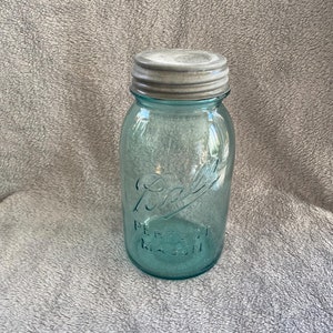 Rare, Antique, Ball Perfect Mason Jar, Classic Blue Glass and Zinc Lid With Milk Glass Inserts