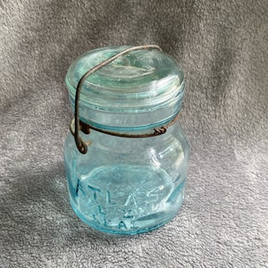 Small, Vintage, Atlas E-Z Seal Mason Jar with Bail Wire Closure, Beautiful Light Blue Glass