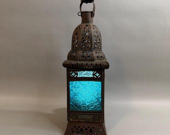 Vintage Moroccan Style Pierced Metal & Patterned Glass Candle Lantern