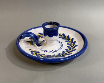 Vintage Hand-Painted Portuguese Ceramic Chamberstick – Cobalt Blue & Yellow Laurel Leaf Design