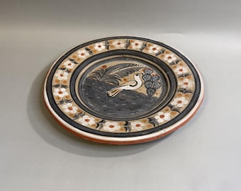 Vintage Tonalá Mexican Pottery Wall Charger, 11.75” Hand-Painted Barro Bruñido Clay Plate with Bird and Cactus Desert Scene