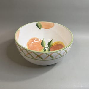 May include: A white ceramic bowl featuring hand-painted orange fruit motifs with green leaves on the interior and exterior. The exterior rim is decorated with a green and orange lattice pattern, and the top edge is finished with a thin green line.