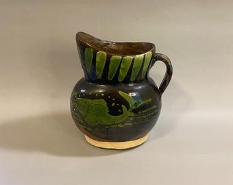 Vintage Oaxaca Earthenware Pitcher, Rustic Mexican Folk Art, Hand-Painted Fish Design