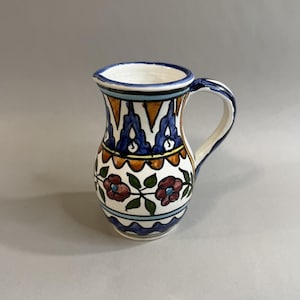 Vintage 1970s Armenian Jerusalem Pottery Pitcher, Hand-Painted Hand-Formed Ceramic Creamer, Holy Land Judaica Art Decor