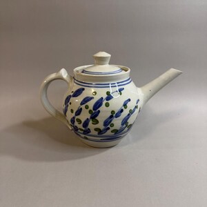 Vintage Signed Studio Pottery Teapot - Hand Thrown Stoneware with Blue & Green Leaf Design, Built-in Ceramic Strainer