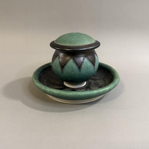 Vintage Nals ’93 Signed Studio Pottery 3-Piece Desk Set - Mid Century Style Teal & Black Stoneware Inkwell or Trinket Dish