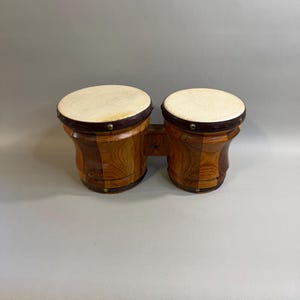 Vintage Mid-Century Handcrafted Mexican Bongo Drums - Two-Tone Stave Wood Tacked Rawhide Percussion