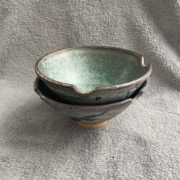 Two Hand Thrown Footed Ceramic Rice Bowls, Stunningly Beautiful Blue and Green Earth Tone Glaze, Notches to Rest Your Spoon or Chopsticks