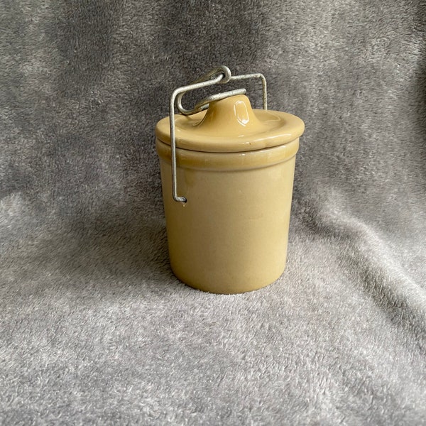 Small Vintage Glazed Stoneware Crock with Metal Wire Closure