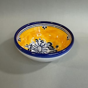 Hand-Painted Portuguese Ceramic Bowl – Small Yellow and Blue Floral Pottery – Wall Mountable Decorative Bowl – 4.75" Unsigned Artisan Piece