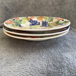 May include: Three white ceramic soup bowls with a grapevine design. The bowls have a blue rim and a green and orange grapevine pattern with purple grapes.
