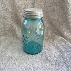 Rare, Antique, Ball Perfect Mason Jar, Classic Blue Glass and Zinc Lid With Milk Glass Inserts