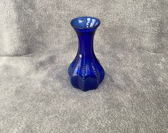 Vintage, Small, Dark Blue Glass Bud Vase, Marked #4 on the Bottom, Fluted Beaded Body