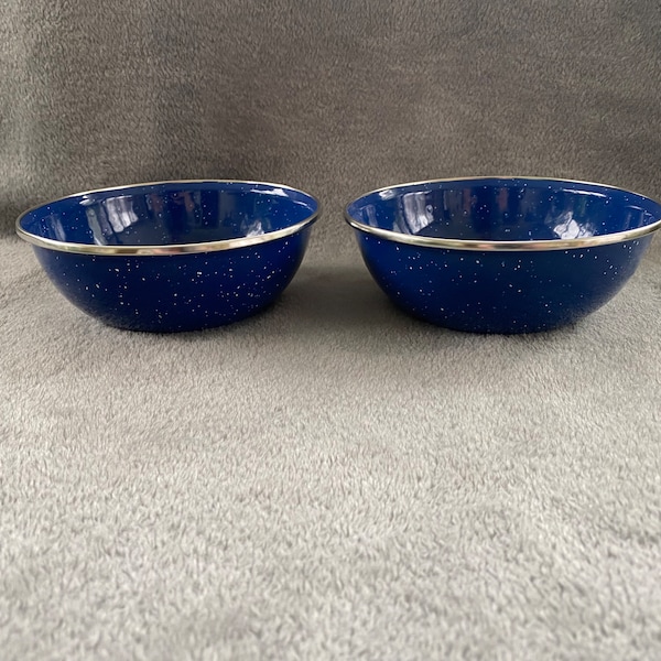 2 Vintage Blue and White Enamel Speckled Bowls