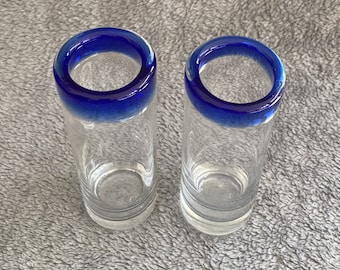 Two Double Shot Glasses, Cordial Glasses, Made by Hand in Mexico, Cobalt Blue Rims