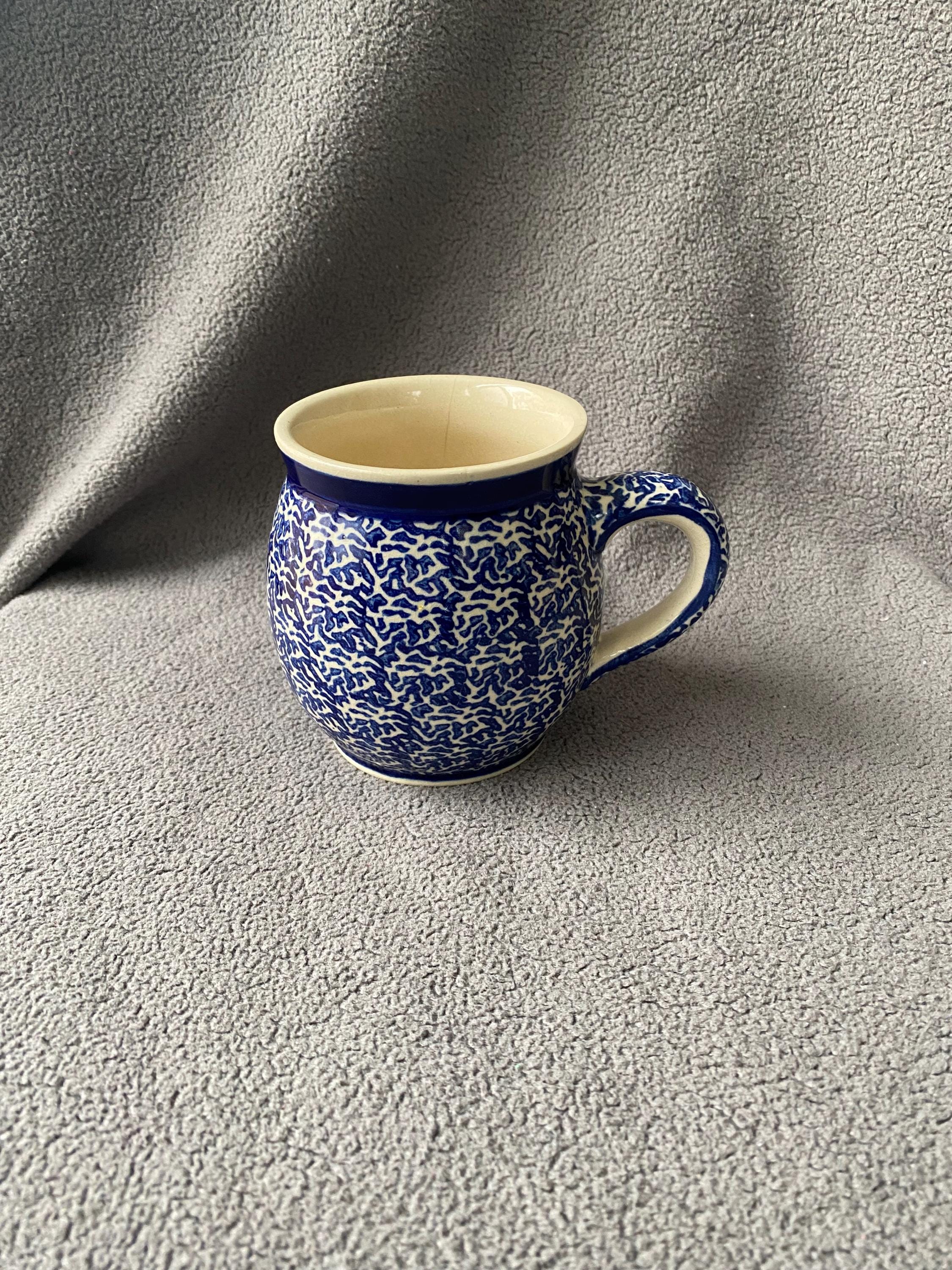 Colorful Hand Painted Blue Coffee/Tea/Cocoa Mug, Made at the Ceramika Artystyczna Workshop in Boleslawiec, Poland, Polish Pottery