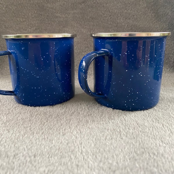 2 Vintage Blue and White Enamel Speckled Mugs