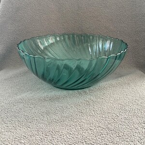 Vintage Blue Green Glass Serving Bowl, Made in France, Scalloped Sides