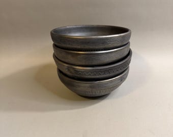 Vintage Romanian Marginea Black Pottery Bowls - Set of 4 Authentic Bucovina Folk Art Ceramics