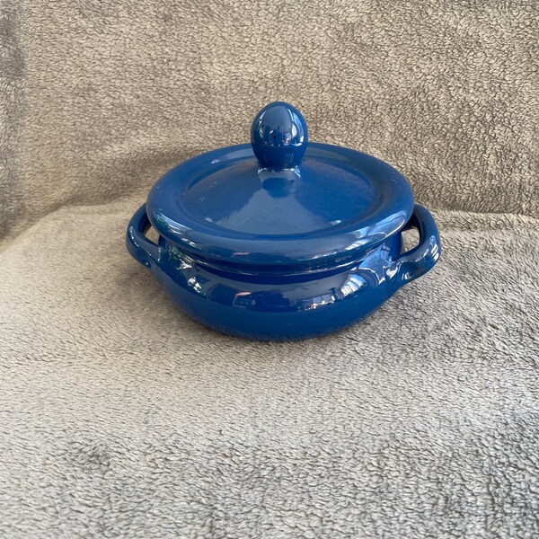 Vintage Small Blue Ceramic Italian Baking Dish With Lid, Handled Cooking Crock, Cocotte, Dutch Oven, Made in Italy