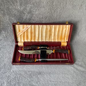 Vintage MCM 3 Piece Carving Set, Kirk's Sheffield Cutlery, Stainless Steel, Made in England