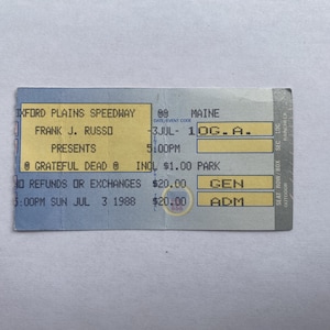 Vintage Concert Ticket Stub, Grateful Dead, Oxford Plains Speedway, July 3rd, 1988
