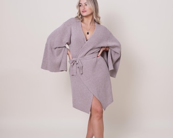 Knitted Raya Wrap Dress with glitter merino wool Christmas party dress and cardigan