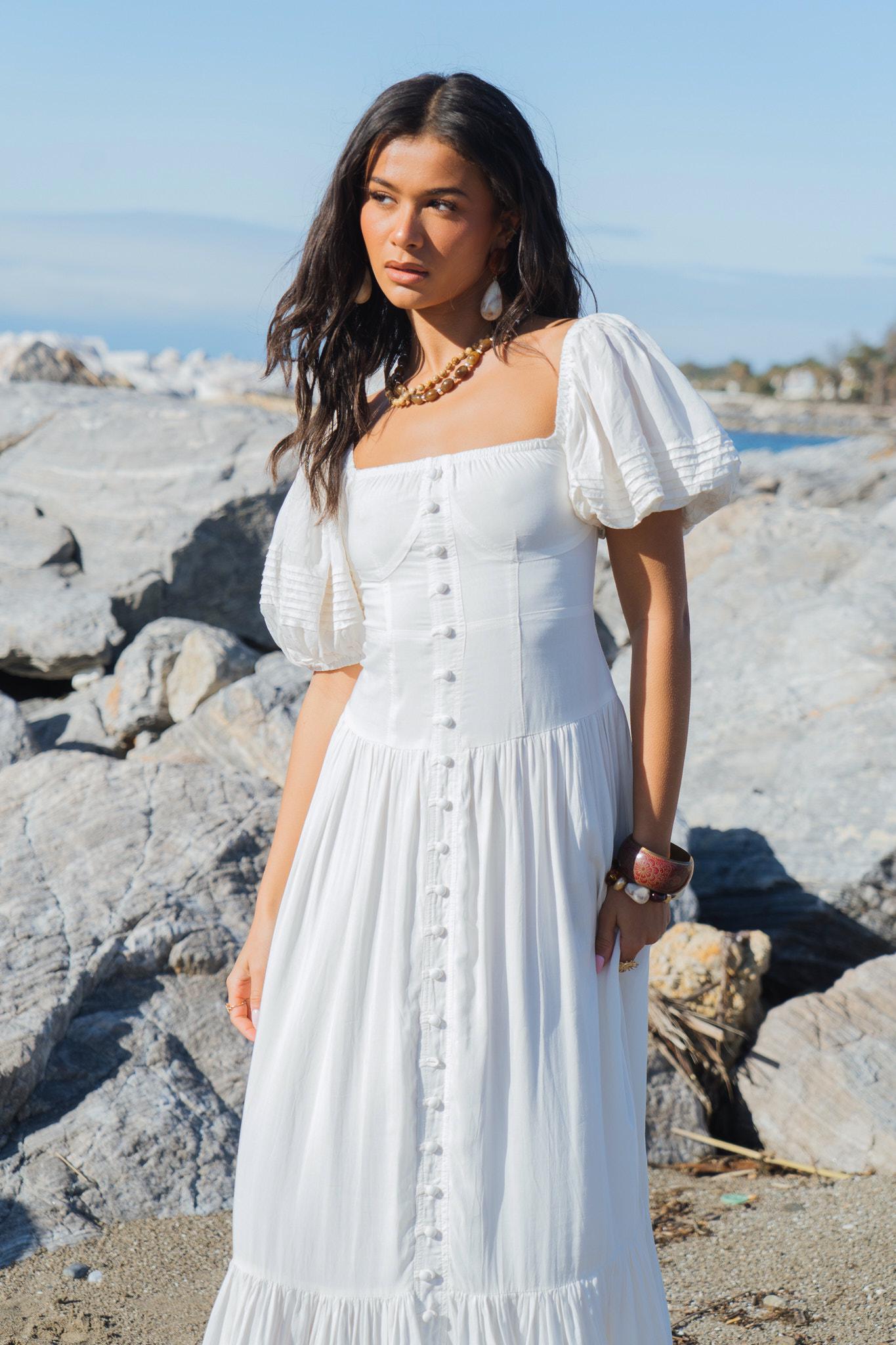 cheap white cotton dress White Cotton Poplin Paneled Midi Dress 38" / Petite (5'1" and below)