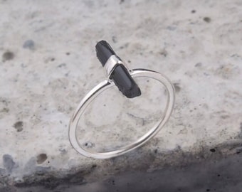 Zaphira sterling silver ring with raw black tourmaline crystal adjustable ring boho festival gift